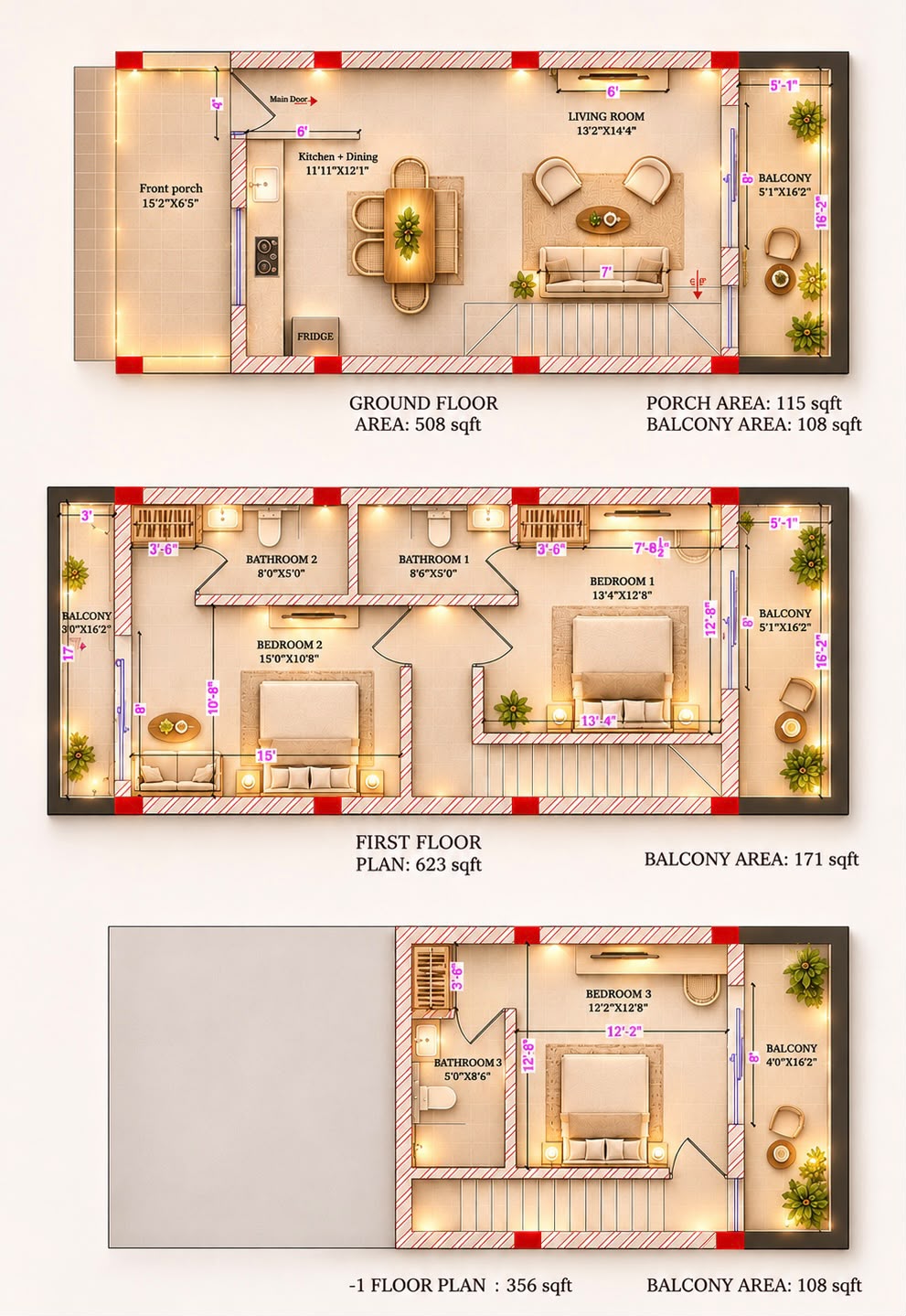 Three proposed floor plans for the four villas, showing the ground, first and lower levels