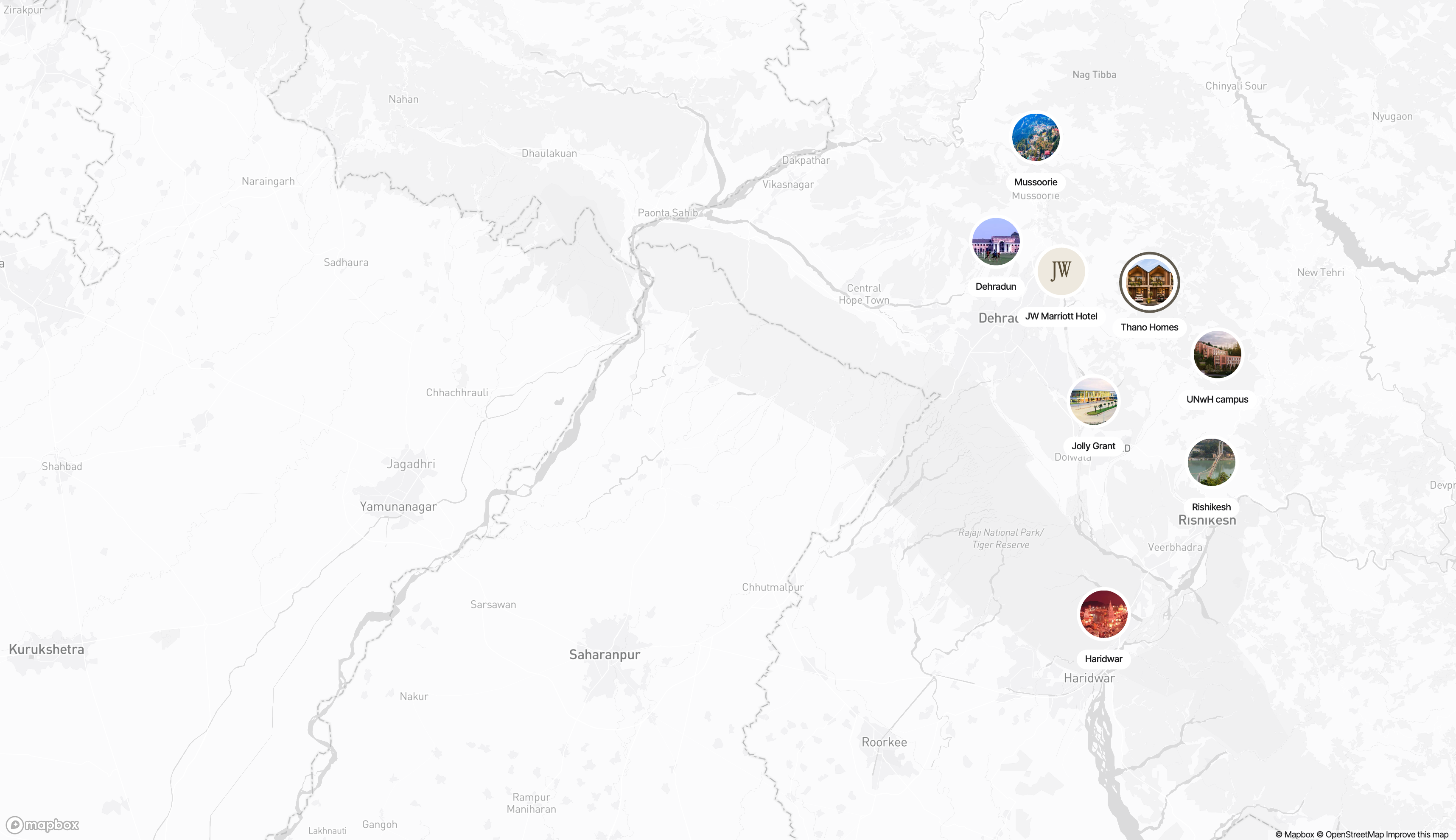 Map showing Thano Homes and nearby destinations in the Doon Valley