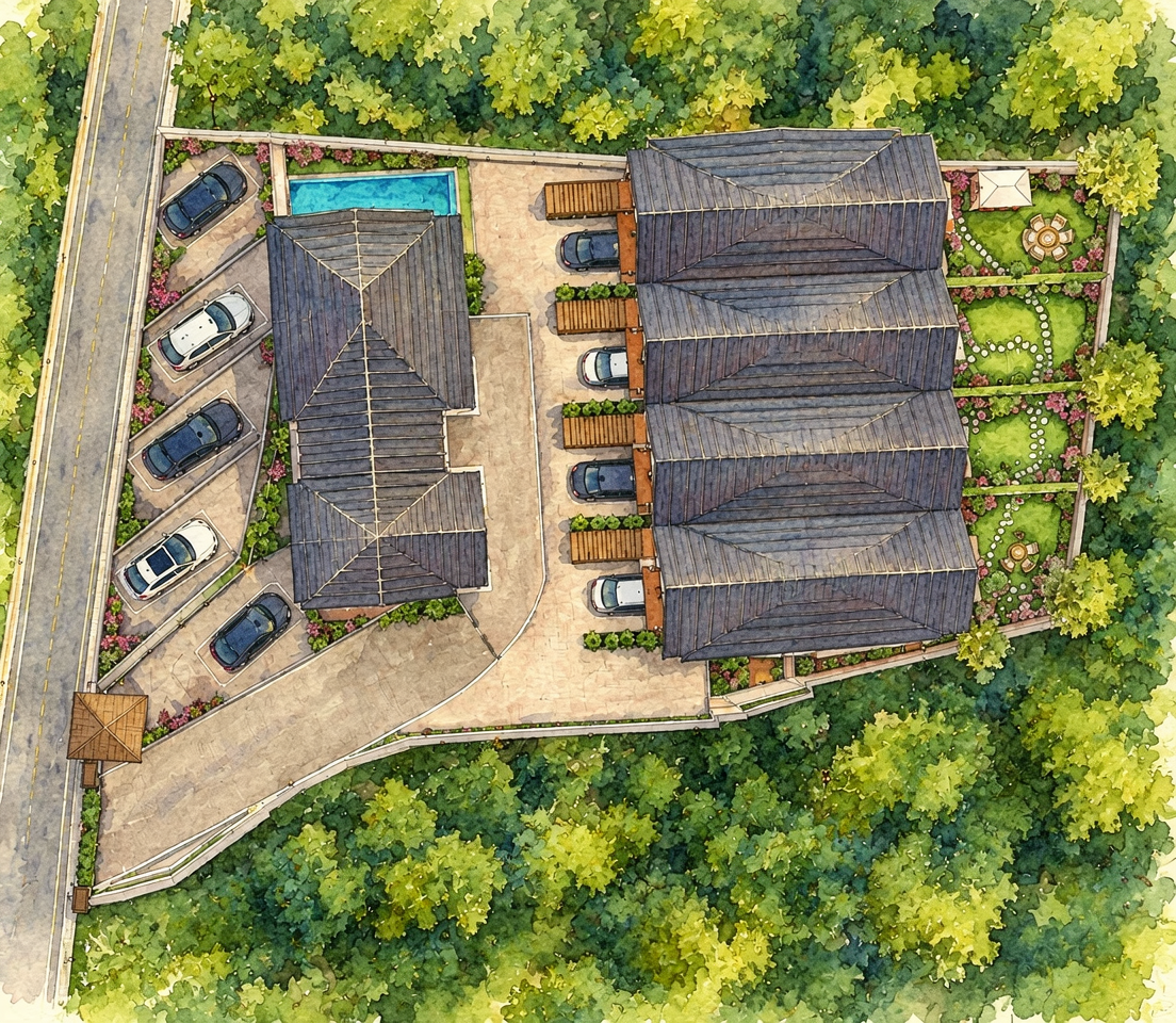 Concept illustration of the enclave from above, showing four villas, a proposed building on Plot 5, parking and landscaping