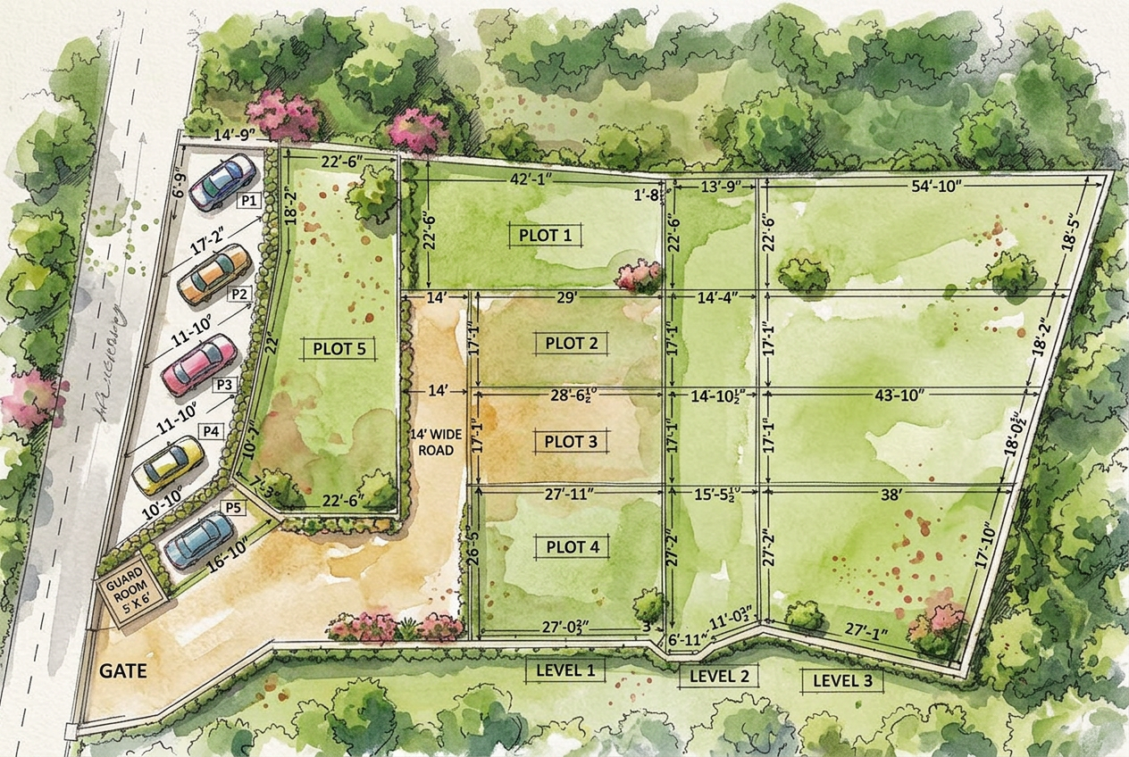 Illustrated site plan showing five numbered plots, entrance road, five parking spaces and three site levels